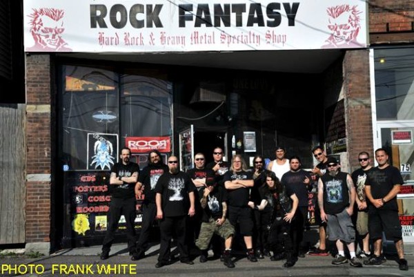 Prime Evil, Morpheus Descends, Internal Bleeding, and owner Steve Keeler in front of the legendary Rock Fantasy, photo by Frank White